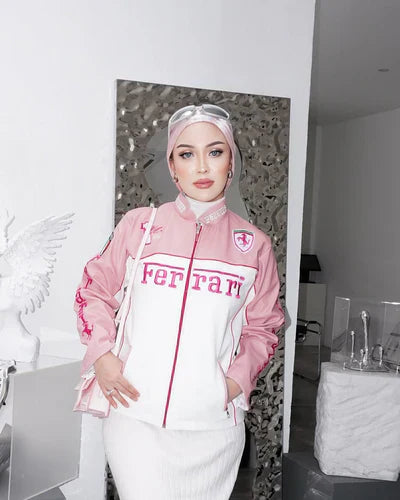Pink Ferrari Leather Jacket – Luxe Motorsport Streetwear | Heat Drop® Edition